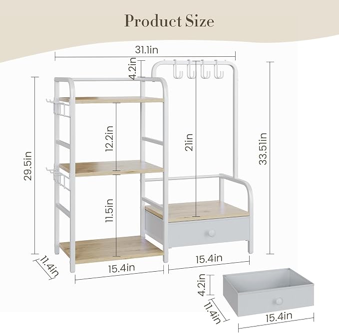 Purse Organizer for Closet, with Bottom Drawer, Extra Large Capacity 3 Tier Handbag Storage Rack for Women, 10 Purse Hanger and Hooks for Bag Organizer, Floor-Standing, Home, Living Room (Wooden)