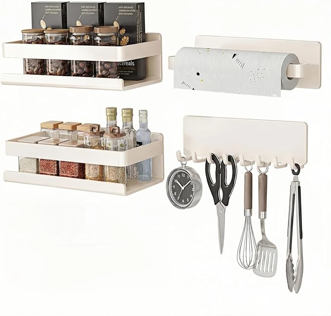 Metal 4 Pack Magnetic Shelf Include Magnetic Spice Rack for Refrigerator,Magnetic Paper Towel Holder,Magnetic Hooks for refrigerator Space-saving design,Small Space Organization (white)