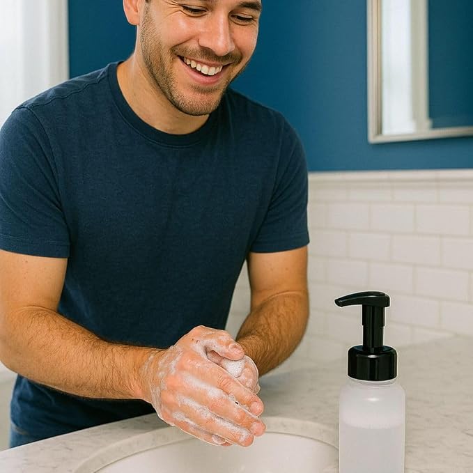 14 oz Plastic Foaming Soap Bottle Dispenser (Clear/Black) | frosted clear, matte finish, for foam soap, wide opening, easy refills, thick plastic