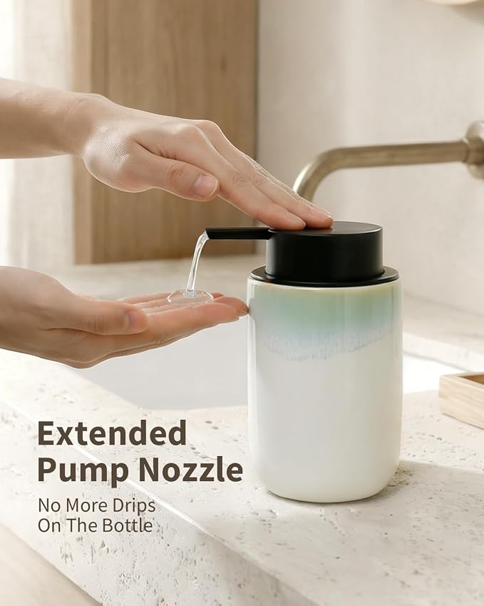 BosilunLife Hand Soap Dispenser for Kitchen, Bathroom Countertop | Foam Soap Dispenser Bathroom Ceramic Dish Liquid Soap Dispenser (White with Blue-Green Rim Liquid Pump)