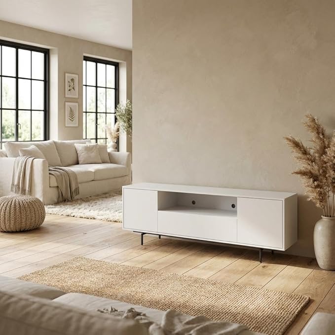 Furnifact White Laminate 3 Door TV Console for Modern Transitional Industrial Living Room Decor, Engineered Wood, Sleek Storage Solution