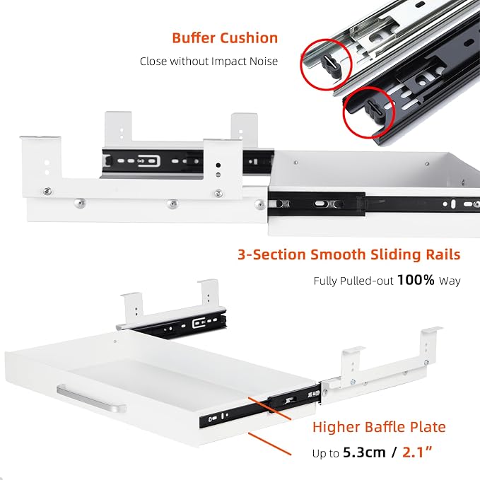 Under Desk Drawer Organizer 21" White Upgrade with Adjustable Brackets, Sliding Pull-Out Under Table Pencil Drawer, Office Standing Desk Attachment for Workbench | White, Under Cabinet Table, Heavy Duty Pull Out Shelf, Attachable for Workbench, Adjusta...