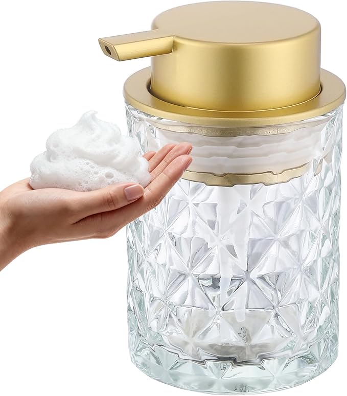 Foaming Soap Dispenser Clear Glass Bottle Gold Pump, Easy Refill and Clean Design Clog-Free Heavy Glass for Kitchen Bath