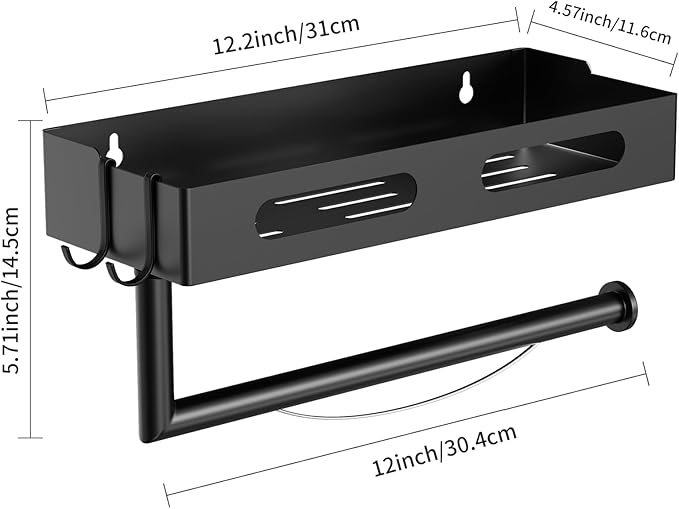 Paper Towel Holder Wall Mount for Kitchen, Paper Towel Holder with Shelf for Bathroom, RV Paper Towel Rack, Spice Rack with 2 Hooks,Matte Black