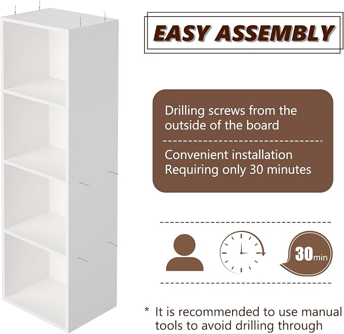 Wooden 4 Cube Storage Organizer, 4 Tier Storage Cubes Storage Display Cubby, 42 Inch Tall Versatile Cubes Shelf and Cubby Organizer for Any Space (White, 4 Cube-W(11.8inch)