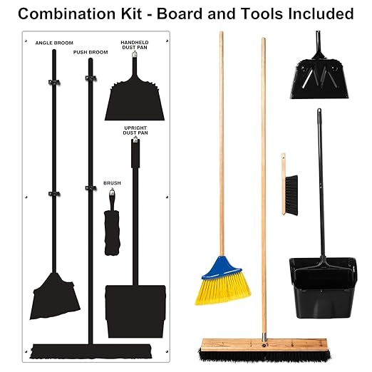 Clean & Sweep 5S Shadow Board/Wall Mount Broom Holder, 68" x 30" Board, 5S Cleaning Station - with Broom and Dustpan Set Included, Made in The USA by AccuformNMC, White/Black, PSB116WTBK