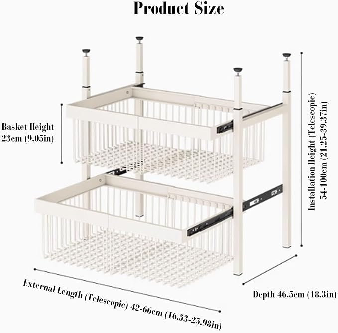 Expandable Cabinet Pull Out Basket,Carbon Steel Stackable Storage Bins,1-3 Tier Stackable Shelf Baskets Organizer,for Office Bathroom Bedroom(2 tier)