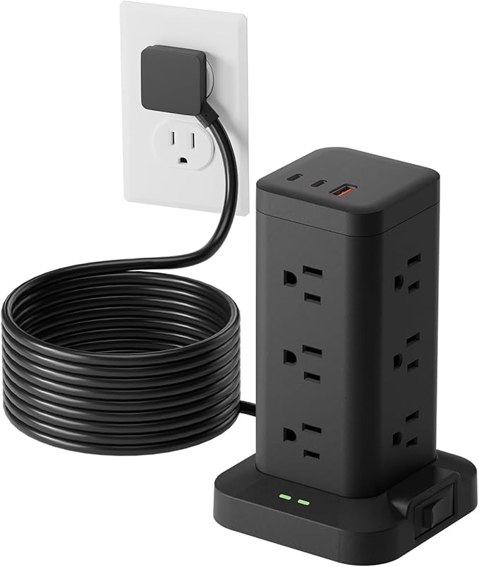Power Strip Tower with Surge Protector 1800J, Fast Charging Tower PD20W USB-C Ports with 12 AC Outlets, Extension Cord for Home Office Dorm Room, 15ft, Black