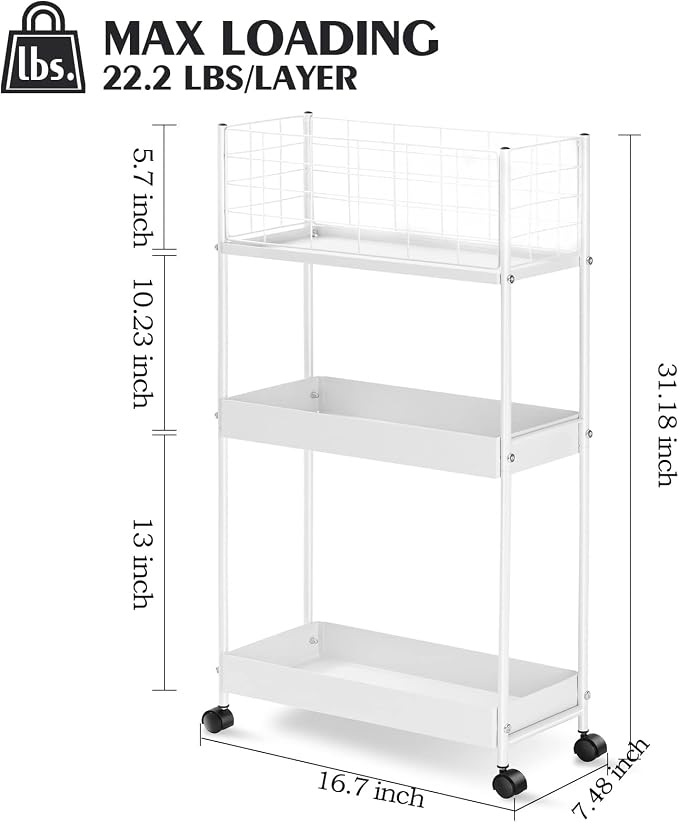 KINGRACK Slim Rolling Storage Cart 3 Tier - Heavy Duty Metal Utility Cart with Raised Edge & Wheels, Narrow Small Mobile Organizer Shelves for Bathroom, Kitchen, Laundry, Office, Living Room, White