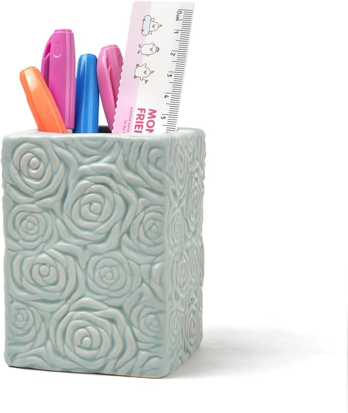 Rose Flower Pen Holder, Ceramic Sculpted Square Pencil Holder, Desk Container Office Decor, Cosmetic Brushes Organizer for Home(Blue)