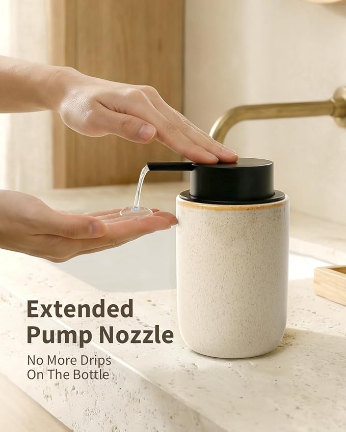 BosilunLife Lotion Pump Dispenser for Bathroom, Kitchen, Countertop | Hand Soap Dispenser Bathroom Ceramic Dish Liquid Soap Dispenser (Greige with Speckle, Liquid Pump)