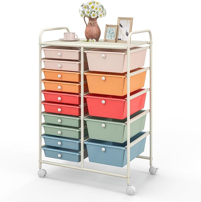 DREAMADE Rolling Cart with 15 Drawers, Rolling Drawer Organizer Cart w/Lockable Wheels, Removable & 2-Sized Storage Drawers, Art Cart for School Home Art Supplies Crafts File Scrapbook