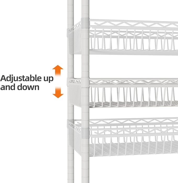 SINGAYE 6 Tier Shelf Wire Shelving Adjustable Storage Shelves Basket Rack | Adjustable Shelves with Wheels Metal Storage Unit Closet Bathroom Organizers Pantry Kitchen Garage Laundry Room White