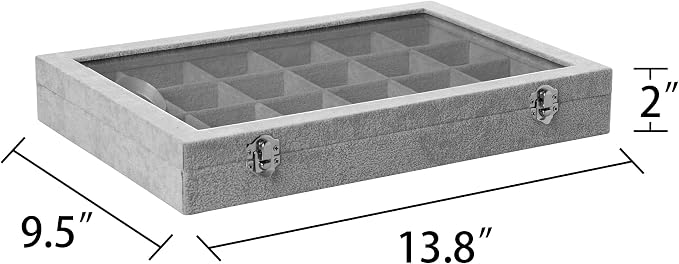 Frebeauty 24 Grid Earring Organizer,Velvet Jewelry Tray with Clear Lid | Drawer Jewelry Organizer for Rings Studs Brooch,Adjustable Divider,Dustproof Design,Earring Storage,Trinket Box,13.8×9.5Inch