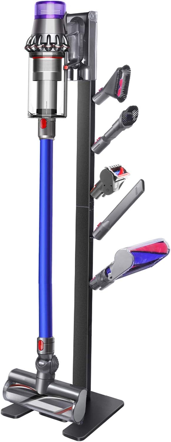 XIGOO Dyson Vacuum Stand with 5 Hooks, Black | Compatible with V15 Detect V11 V10 V8 V7 V6 Cordless Vacuum Cleaners & Accessories, Stable Metal Bracket Organizer Rack