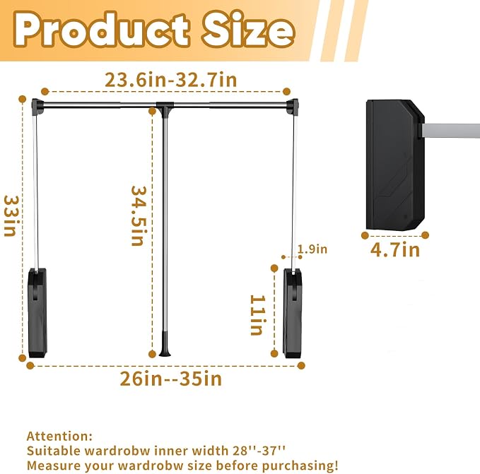 tonchean Pull Down Closet Rod, 26-35 Inch Width Adjustable | Side & back mounted, for hanging clothes, 60lbs load capacity