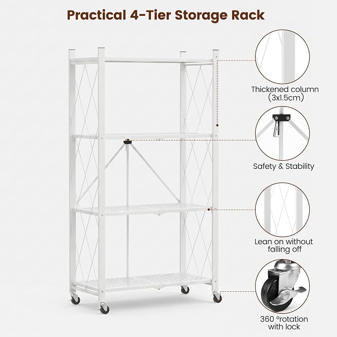 ALANNG 4 Tier Folding Storage Shelf on Wheels,Heavy Duty Metal Rolling Cart | 264 lbs Capacity, No Tools Assembly, Folds to 3.9", Lockable Casters, Portable for Kitchen Laundry Garage (White, 1 Pack)