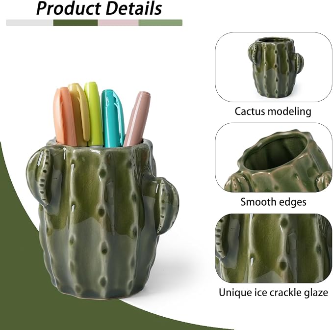 Ceramic Cactus Pen Holder, Cactus Decor Cute Pencil Holder, Makeup Brush Holder for Home, Office Desk Accessories(Dark Green)