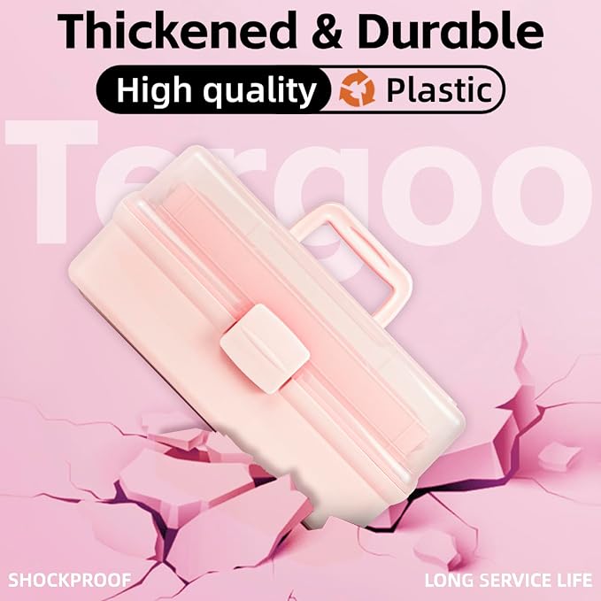 TERGOO 14in 3-Layer Multipurpose Craft Organizers and Storage with Adjustable Dividers, Portable Tackle Box, Folding Art & Craft Case for Medicine, Tool, Sewing Organizer (Pink, X-Large)