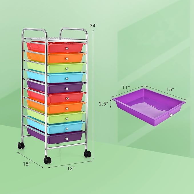 LDAILY 20-Drawer Rolling Storage Cart, Rolling Storage Cart, Storage Organizer on Wheels, Metal Frame, Scrapbook Paper Tools, Suitable for Office School, Classroom (Multicolor, 10 Drawer)