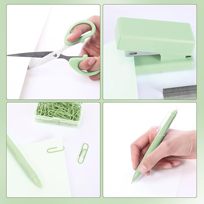 Mini Green Office Supplies Kit Green School Supplies Christmas Gift Desk Accessories with Gel Pens Sticky Notes Stapler Scissor Paper Clips Index Tabs Box Cutter for Christmas Gifts Office
