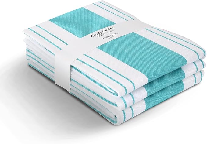 Stripe Kitchen Towels Mordern Design Centreband Dish Towels Boho Stripe Absorbent Festive Gift Set of 3 Pantry Reusable Kitchen Dish Towel|Easter Spring Decor 18x28 Inch Teal Blue