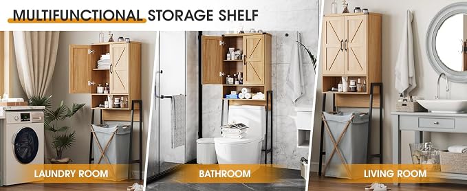 Vabches Over The Toilet Storage Cabinet with 2-Door Design Bathroom Organizers and Storage with Anti-Tip Device Over Toilet Organizer with Shelves for Bathroom,Restroom,Laundry Natural