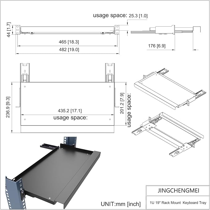 1U Keyboard Tray 8" Deep, Universal 19" Rack Mount Sliding | Metal Rack Mount Shelf for Network Equipments Server Rack or Cabinet (8inch)