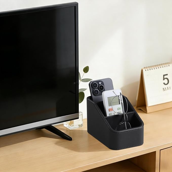 3 Compartments PU Leather Remote Control Holder, TV Remote Holder for Couch | Small Pen Desk Organizer for Office Bedside Living Room, Remote Caddy Nightstand Organizer