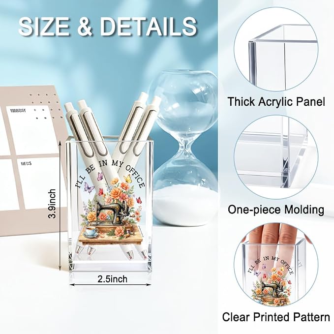 I'll Be In My Office Acrylic Cosmetic Pencil Holder Cup, Floral Sewing Machine Pen Holder for Office Desk Accessories for Seamstress Women Mom, Funny Sewing Lovers Mother's Day Birthday Gifts