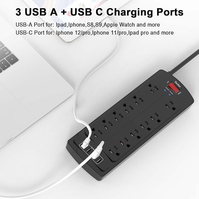 10 Feet Extension Cord Power Strip, Yintar Surge Protector with 12 AC Outlets and 4 USB Ports, 2700 Joules, ETL Listed, Black