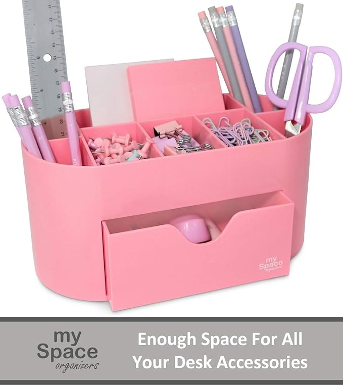 My Space Organizers Pink Desk Organizer for Office Supplies and Desk Accessories - Pen Holder Desktop Organization for Room College Dorm Home School (Pink)