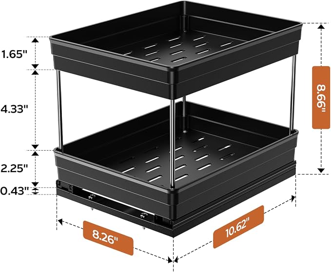 Mystozer Pull Out Spice Rack Organizer for Cabinet, Slide Out Spice Racks Organizer, Easy to Install Spice Cabinet Organizers, 8.26''Wx10.6''Dx8.7''H, 1 Pack-2 Tier(Black)