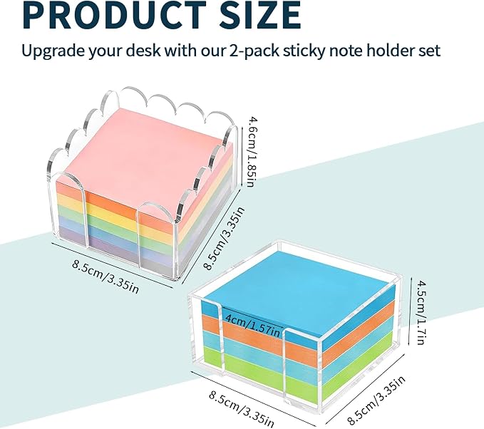 2-Pack Acrylic Sticky Note Holder Set, Scalloped & Straight Edge Design, 3x3 Inch Clear Notepad Dispenser, Cute Desk Organizer for Office Supplies, Home & Dorm Desk Decor