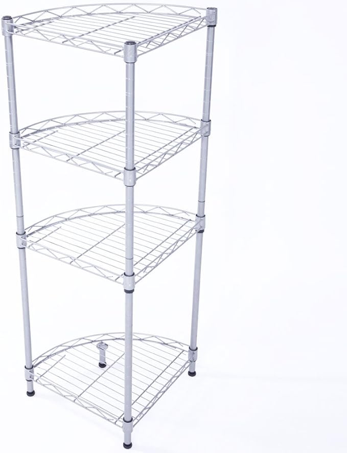 4-Tier Carbon Steel Corner Storage Rack, Adjustable Metal Shelf Organizer with Mesh Design for Kitchen, Bathroom, Office, or Living Room – Silver Gray