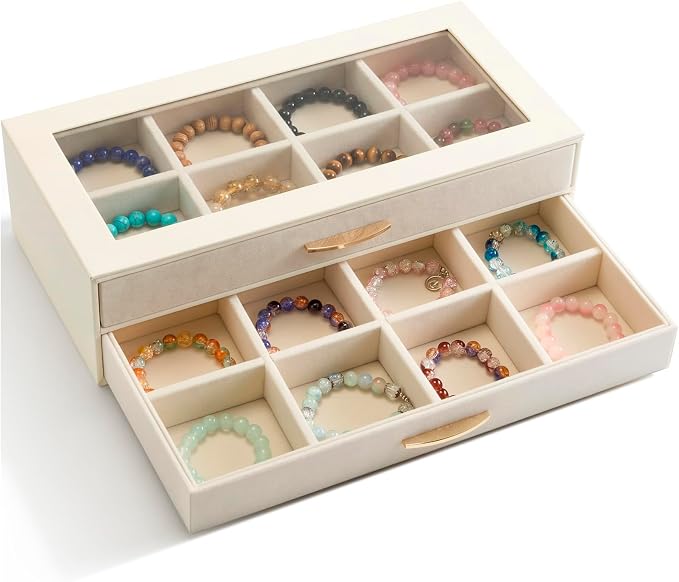 Yookeer 16 Grids Bracelet Box with Clear Top 2 Layer PU leather Bracelet Holder Case Bracelets Storage Holder Display Box jewelry organizer with Drawer for Women Bangles Watch Earring Storage gifts