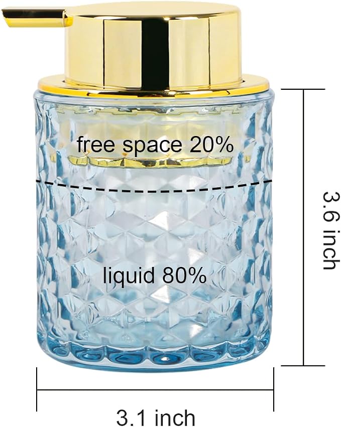 10 Oz Glass Hand Soap Dispenser with Pump, Refillable Bathroom Gold Foaming Soap Dispenser, Vintage Glass Diamond Lotion Container Bottle for Bathroom and Kitchen (2, Blue and Gold)