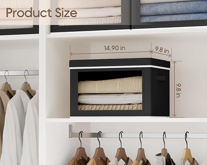 Homsorout Collapsible Storage Bins with Lids - Stackable Storage Containers with Window, 6 Pack Fabric Organizing Bins for Closet, Home & Office Organization Baskets, Black, 14.9" x 9.8" x 9.8"