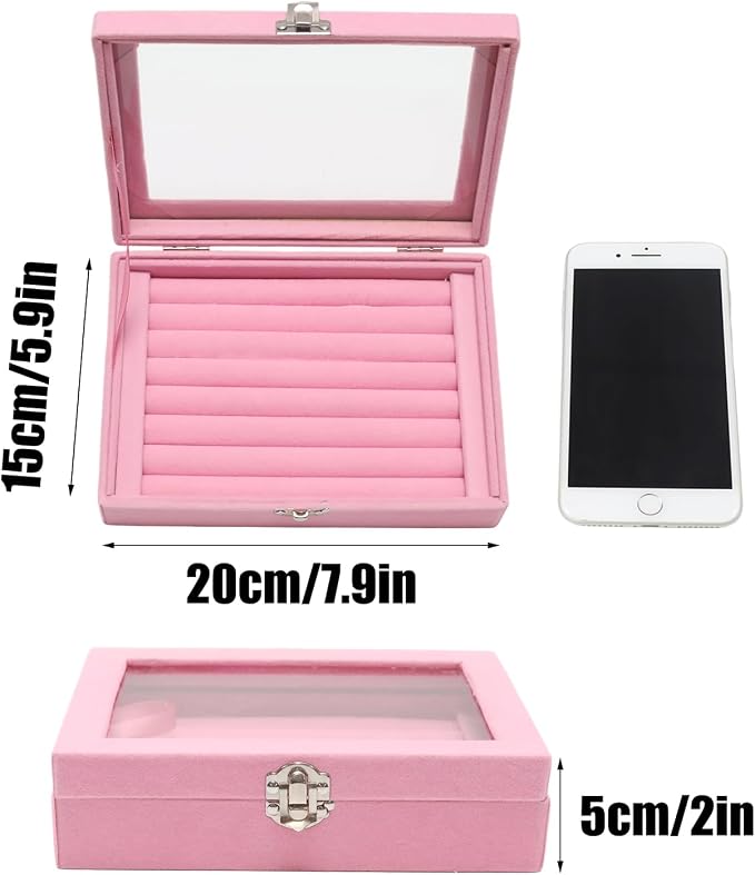 Small Velvet Jewelry Tray with Clear Lid, Lockable Ring Earring Holder Organizer Storage Box Case Jewelry Box Organizer for Rings Earrings Bracelets Brooches, 8 Rolls Pink
