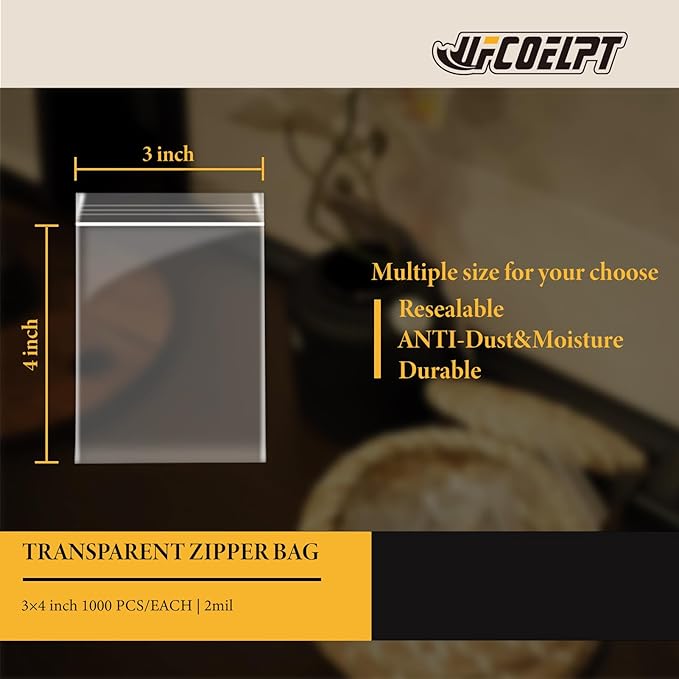 3''x 4'' Pack of 1000 Small Clear Poly Zipper Bags Reclosable Storage Plastic Bags for Jewelry, Gift Card, Halloween Candy