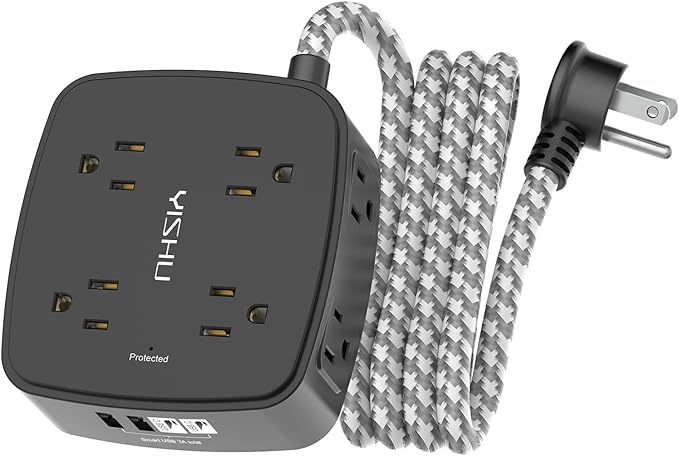 Surge Protector Power Strip - YISHU 8 Outlets with 4 USB (2 USB C) Charging Ports, 6Ft Braided Extension Cord, Flat Plug Multi Plug Outlet Extender Charging Station for Home Office, ETL, Black