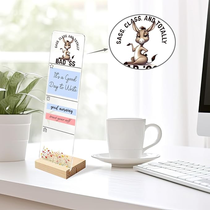 Sticky Note Holder, Monitor Memo Board, Acrylic Post It Note Holder with Wooden Base, Includes 200 Notes, Desk Organizer, Funny Donkey Quote “Sass, Class, and Totally Badass”