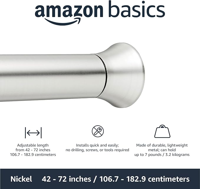 Amazon Basics Easy Install Shower Curtain Tension Rod, Adjustable Length, 42-73 inches, Nickel