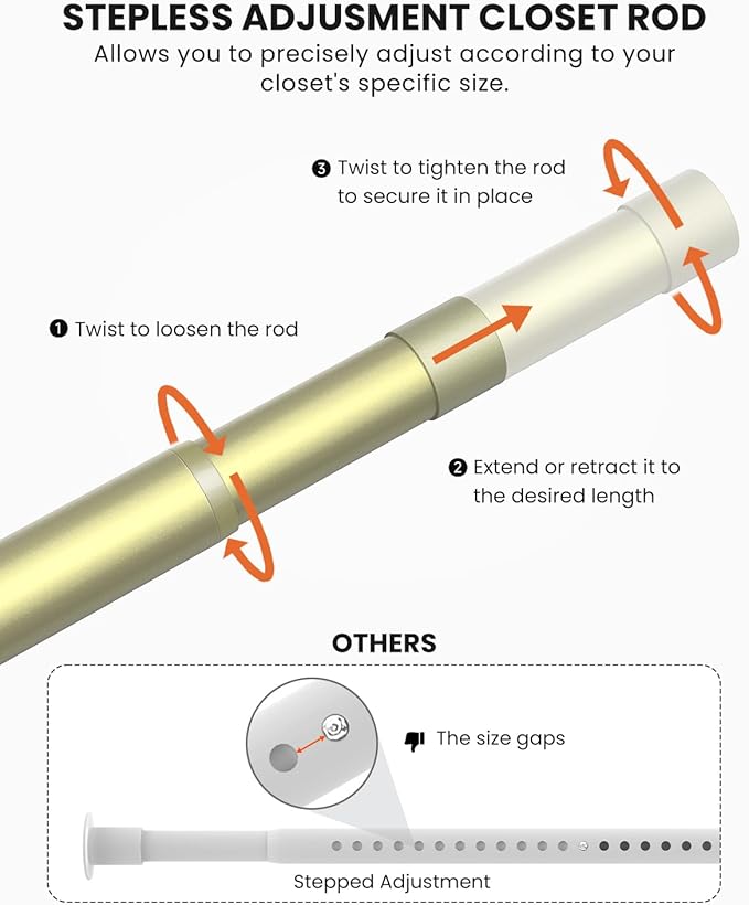 Supforce Closet Rods for Hanging Clothes, 17 to 28 Inches Stepless Adjustable Metal Closet Rod, 1.3 Inches Heavy Duty Clothes Hanging Rod for Closet Wardrobes Laundry RV, Verdant Gold