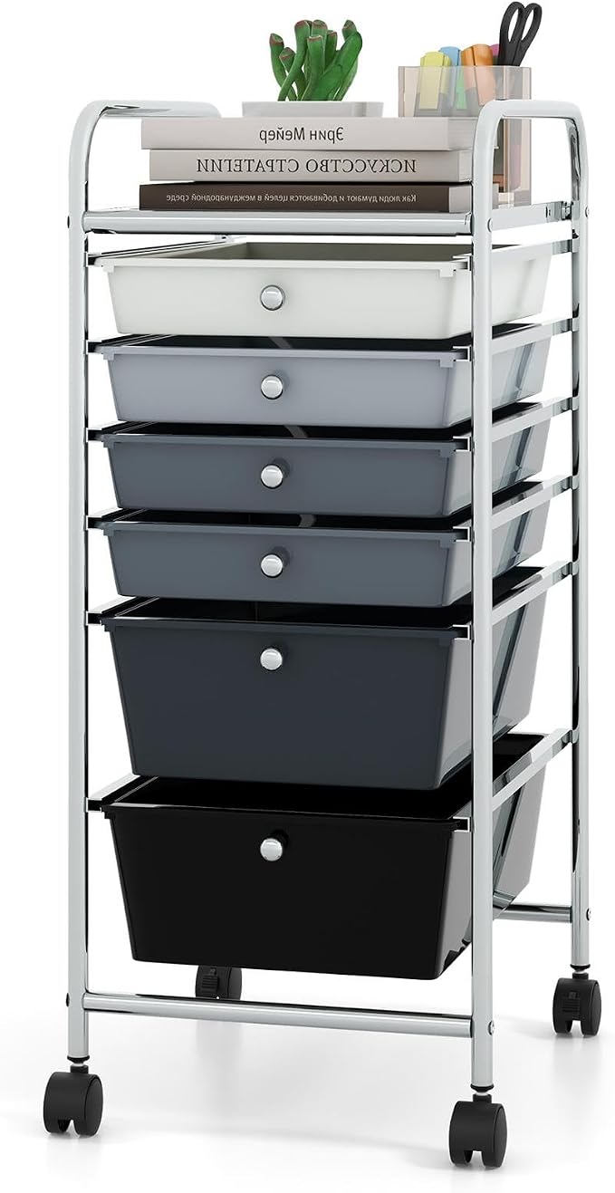 DREAMADE Rolling Cart with Storage Drawers, Utility Cart with Removable Plastic Drawers, Lockable Wheels, Art Cart for Classroom Organization Art Supplies Office Scrapbook (6 Drawers, Mixed-black)
