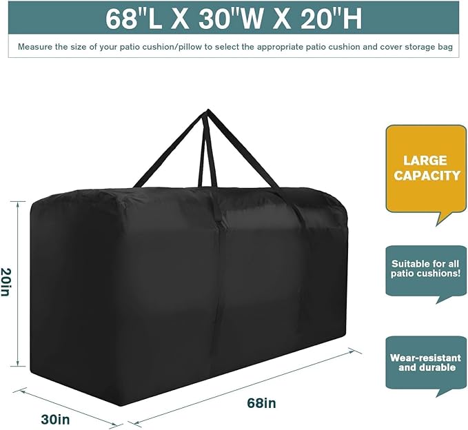 Patio Cushion Storage Bag Waterproof Extra Large Protective Zippered Outdoor Cushion Storage Bags Furniture Storage Bag with Handles, 68" L x 30" W x 20" H (2 Pack)