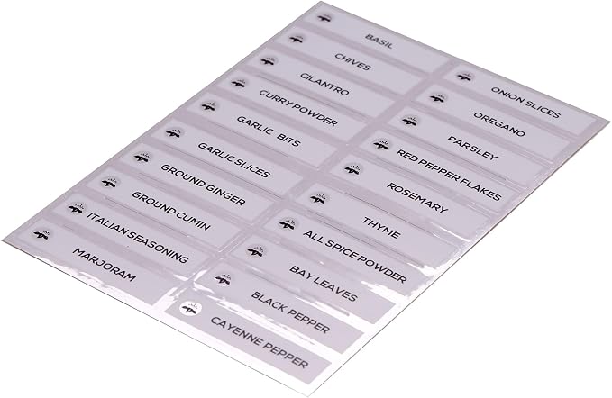 Orii Spice Labels, Silver/White, 40 Preprinted + 20 Blank (60 Total) | Kitchen Jar Label Combo Tags, Pantry Ingredients Organization, Spice Rack Organization