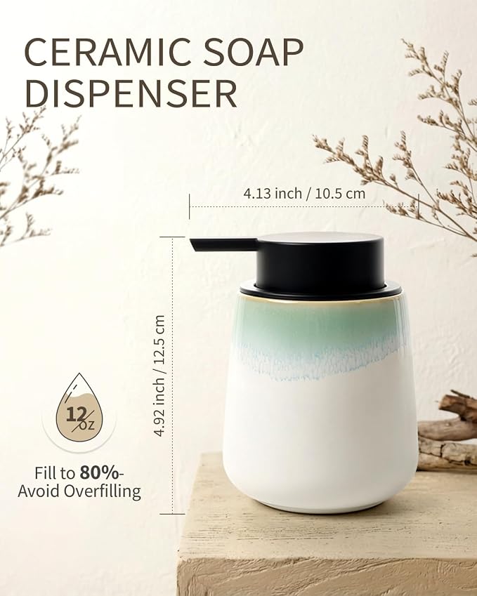 Bosilunlife 12Oz Ceramic Foam Soap Dispenser for Bathroom Kitchen Counter | Premium countertop foam pump creates delicate dense foam, stable desktop placement, Blue-Green Rim