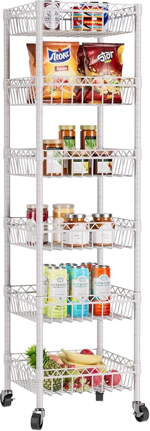 Golpart Basket Shelves Closet Rack with Wheels Metal Pantry Wire Shelf Unit | 6 tier Storage Rolling Shelving Bathroom Organizers Kitchen Garage Laundry Room Organization Home 13.6"Dx13.6"Wx63"H White