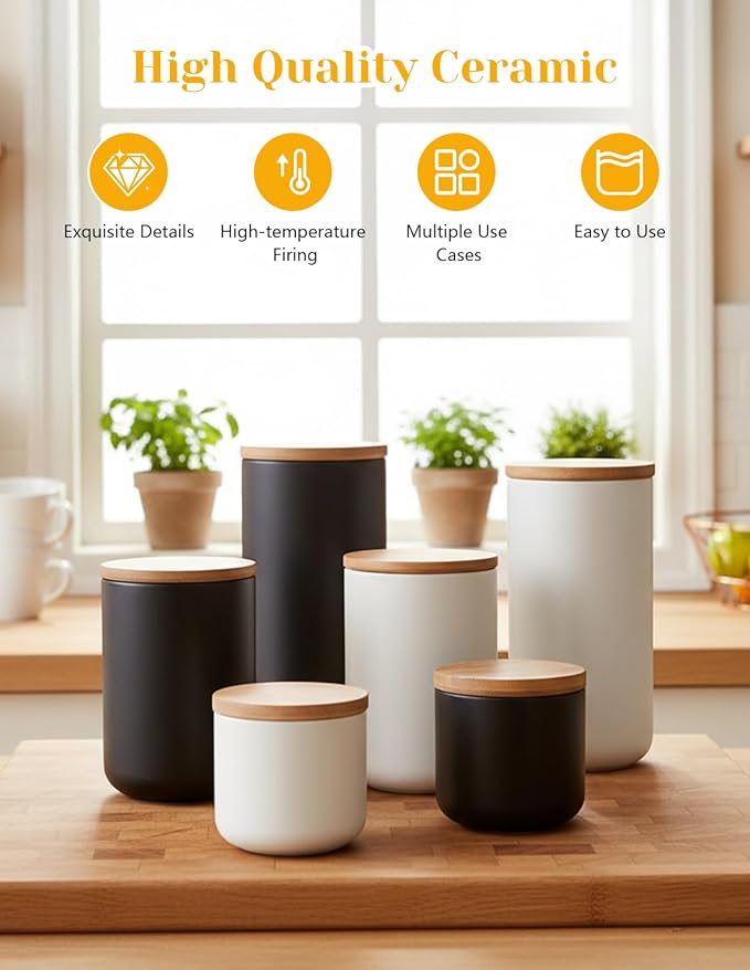 Ceramics Food Storage Jar Canister with Airtight Seal Bamboo Lid, Simple Style Kitchen Canister for Food Storage, Store Coffee, Sugar, Tea, Spices and More (White (27.05oz/800ml))
